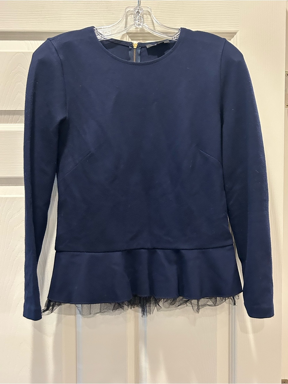 J. Crew Navy Long-Sleeve Peplum Top with Tulle Trim